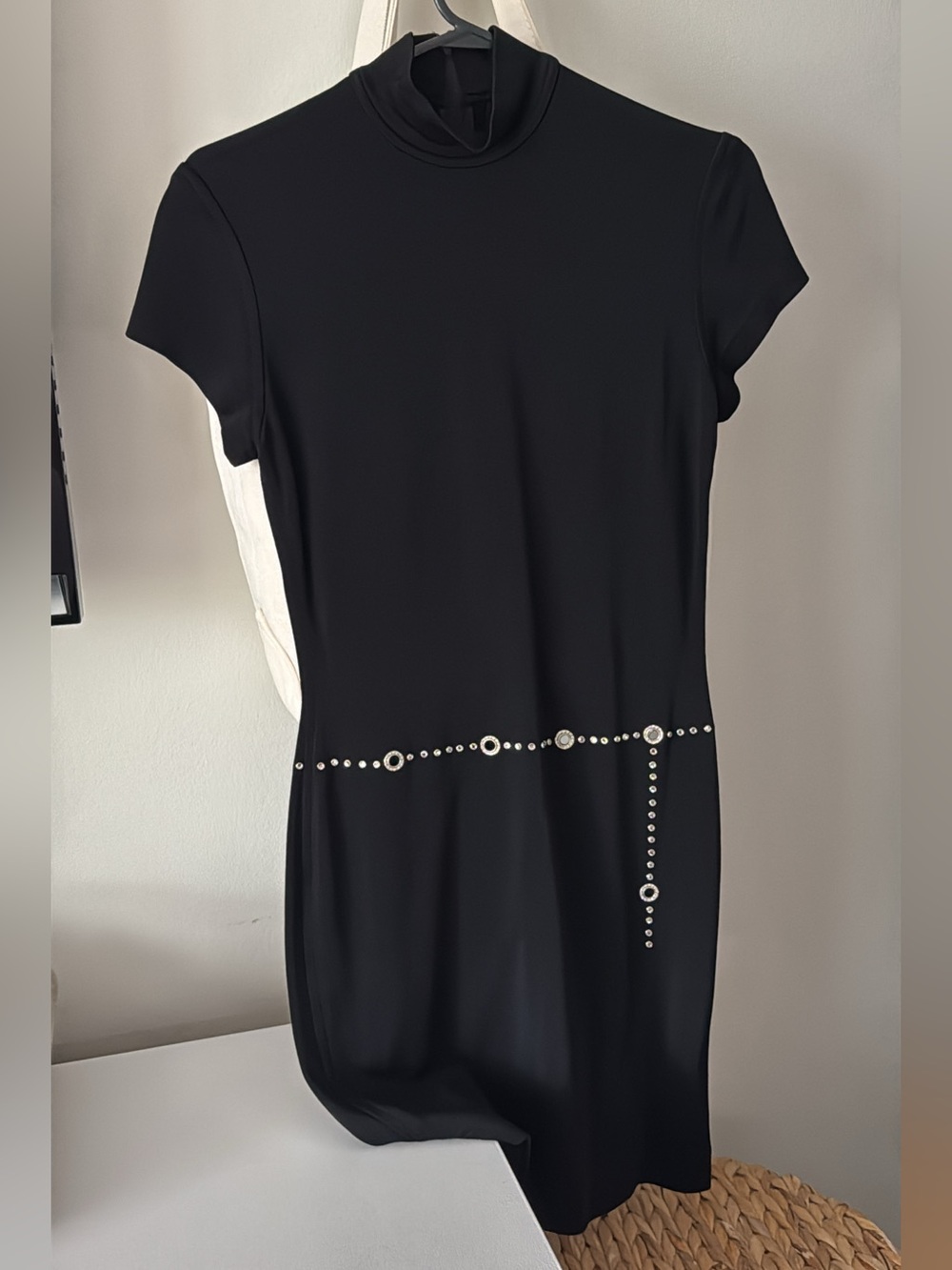 Vintage Tadashi Black Short-Sleeve LBD with Rhinestone Waist Detail